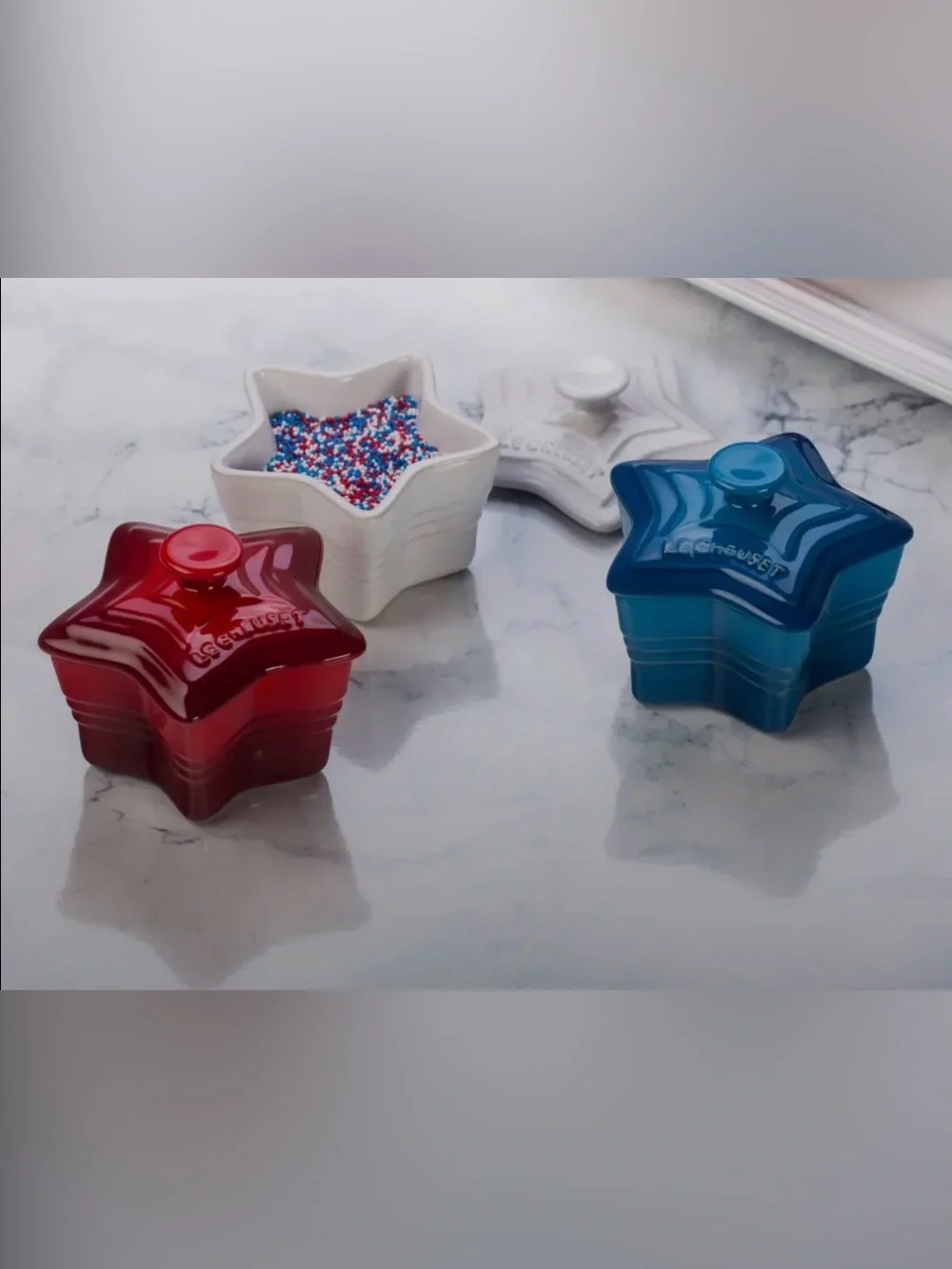 Le Creuset Star Mini Ramekins with Lids, Stonewear Set of 3 - Red, Blue & White